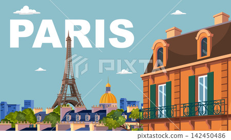 Vintage Style Paris Travel Poster with Eiffel Tower and Architecture Vintage Style Paris Travel Poster with Eiffel Tower and Architecture 142450486
