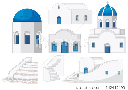 Mediterranean Style White Buildings and Blue Domes Vector Illustration Set 142450493