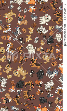 Seamless Vector Pattern with Various Cartoon Dog Breeds on Brown Background Seamless Vector Pattern with Various Cartoon Dog Breeds on Brown Background 142450497
