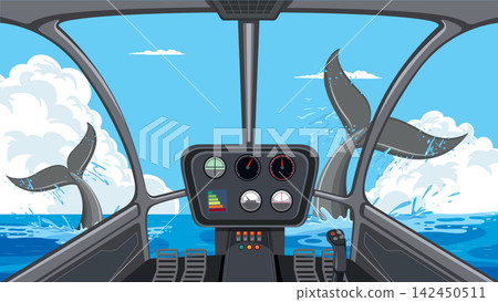 Helicopter Cockpit View of Whale Tails Splashing in Blue Ocean Helicopter Cockpit View of Whale Tails Splashing in Blue Ocean 142450511