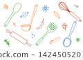 Line art illustrations of kitchen tools and spices and herbs 142450520