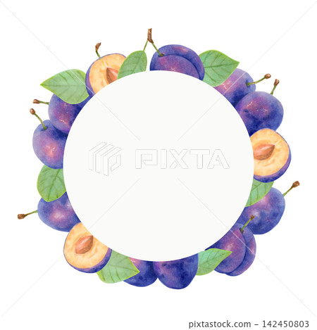 Round frame featuring whole plum, plum half and leaves. Botanical watercolor illustration. Harvest and production theme. Hand drawn isolated art. Fruit for packaging, greeting cards, menu, invitation. Round frame featuring whole plum, plum half and leaves. Botanical watercolor illustration. Harvest and production theme. Hand drawn isolated art. Fruit for packaging, greeting cards, menu, invitation. 142450803