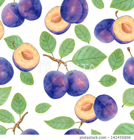 Seamless pattern featuring whole plums, leaves, slices. Watercolor illustration. Fruit background for menu designs, textiles and fabrics. Harvest and production theme. Hand-drawn isolated artwork Seamless pattern featuring whole plums, leaves, slices. Watercolor illustration. Fruit background for menu designs, textiles and fabrics. Harvest and production theme. Hand-drawn isolated artwork 142450806