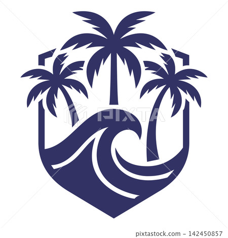Tropical Palm Trees and Ocean Wave Emblem Vector Tropical Palm Trees and Ocean Wave Emblem Vector 142450857