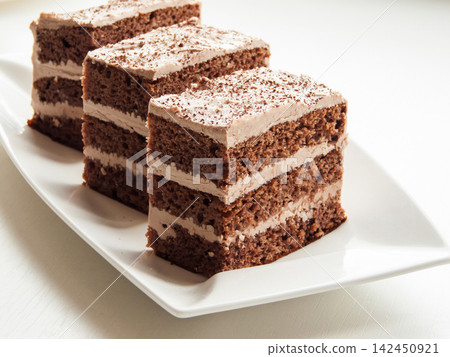 Traditional chocolate butter cocoa and condensed milk cream cake served on plate Traditional chocolate butter cocoa and condensed milk cream cake served on plate 142450921