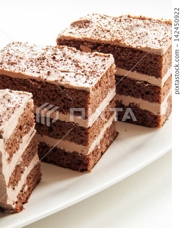Traditional chocolate butter cocoa and condensed milk cream cake served on plate Traditional chocolate butter cocoa and condensed milk cream cake served on plate 142450922