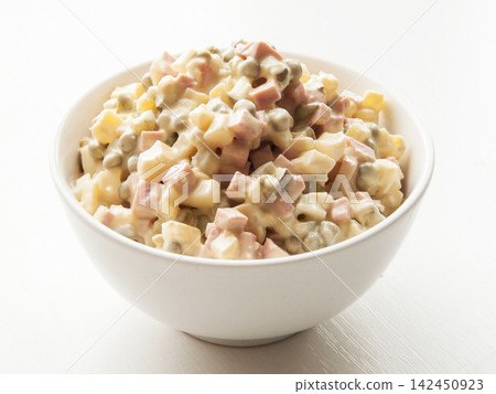 Bowl with traditional Olivier salad, classic holiday Russian dish. Bowl with traditional Olivier salad, classic holiday Russian dish. 142450923
