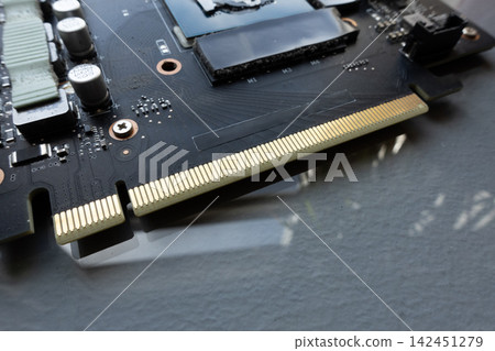 Close Up of PCI Express Edge Connector on Graphics Card Close Up of PCI Express Edge Connector on Graphics Card 142451279