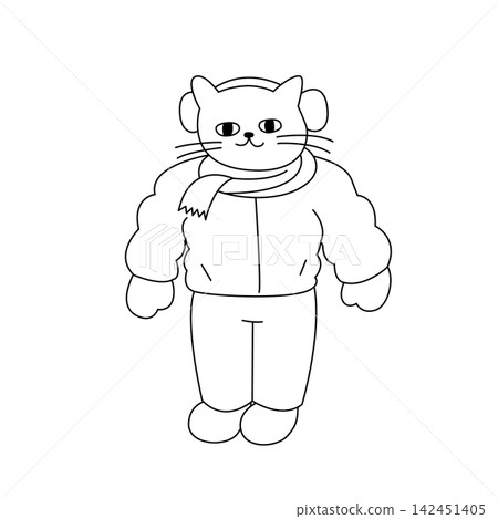 一幅線條畫,描繪了一隻擬人化的白貓,它穿著冬裝,並圍著圍巾。 一幅線條畫,描繪了一隻擬人化的白貓,它穿著冬裝,並圍著圍巾。 142451405