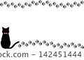 Simple frame background with a cute Scandinavian-style black cat and paw prints (vector) 142451444