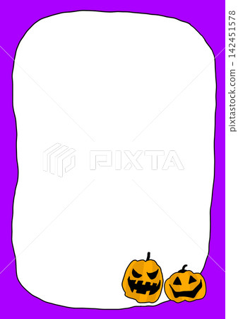 Hand-drawn Halloween pumpkin frame, A4 size (vertical), purple background, with space for copying. 142451578