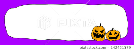Hand-drawn Halloween pumpkin banner frame, horizontal format, purple background, with copy space. Hand-drawn Halloween pumpkin banner frame, horizontal format, purple background, with copy space. 142451579