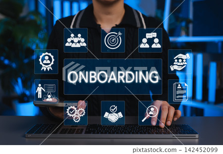 Employee Onboarding and Hiring Integration Concept. Person using laptop with onboarding, training, profile, teamwork, and verification icons. employee integration, hiring workflow, staff development 142452099