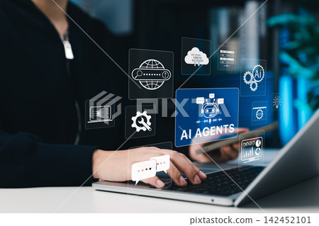 AI Agents and Intelligent Automation Concept. Woman using laptop with virtual AI, chatbot, search, analytics, workflow icons representing smart automation, digital assistance, data analysis, AI Agents and Intelligent Automation Concept. Woman using laptop with virtual AI, chatbot, search, analytics, workflow icons representing smart automation, digital assistance, data analysis, 142452101