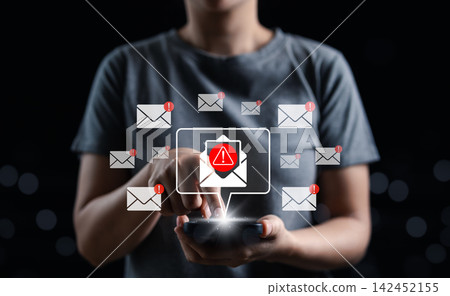 Email security alert concept. User checking warning messages on smartphone, interacting with virtual mail icons that signal phishing risk, spam detection, cyber threat awareness, inbox safety, scam Email security alert concept. User checking warning messages on smartphone, interacting with virtual mail icons that signal phishing risk, spam detection, cyber threat awareness, inbox safety, scam 142452155