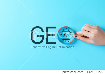 GEO Generative Engine Optimization concept. Hand holding magnifying glass over AI search text, symbolizing content visibility, machine-driven discovery, digital strategy, search innovation, marketing, GEO Generative Engine Optimization concept. Hand holding magnifying glass over AI search text, symbolizing content visibility, machine-driven discovery, digital strategy, search innovation, marketing, 142452156