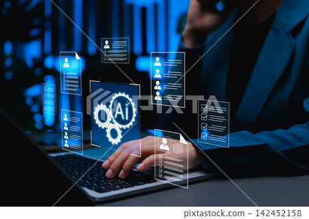 AI recruitment concept. Digital resumes and checklists above a laptop, showing automated candidate screening, talent evaluation, hiring workflow, HR analytics, smart staffing support, resume profiles, 142452158