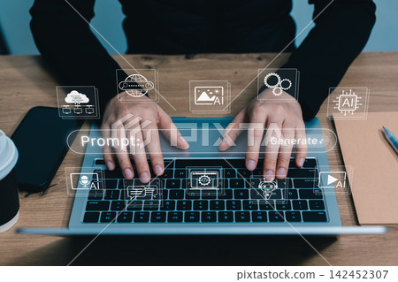 AI prompt and generative workflow automation concept. Person using laptop with prompt, generate, chatbot input, coding, voice, image, AI tool icons. smart content creation, automation multimodal tasks AI prompt and generative workflow automation concept. Person using laptop with prompt, generate, chatbot input, coding, voice, image, AI tool icons. smart content creation, automation multimodal tasks 142452307