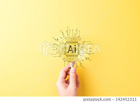 AI technology research and innovation analysis concept. Magnifying glass over an AI microchip, artificial intelligence inspection, digital discovery, future technology study, smart innovation insight AI technology research and innovation analysis concept. Magnifying glass over an AI microchip, artificial intelligence inspection, digital discovery, future technology study, smart innovation insight 142452311