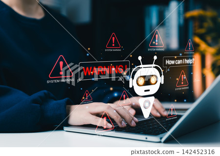 AI system warning and automated support risk alert concept. Person using laptop with chatbot, warning signs, and error notifications. AI monitoring, issue detection, digital support risk management AI system warning and automated support risk alert concept. Person using laptop with chatbot, warning signs, and error notifications. AI monitoring, issue detection, digital support risk management 142452316