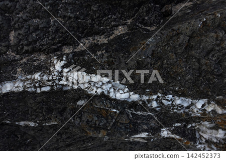 Dark igneous rock texture showing a prominent white quartz vein, creating a natural abstract pattern Dark igneous rock texture showing a prominent white quartz vein, creating a natural abstract pattern 142452373