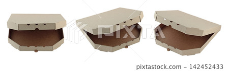 Set of Craft open pizza box isolated on transparent background. Cardboard packaging for delivery or branding design, eco-friendly and perfect for restaurant presentations Set of Craft open pizza box isolated on transparent background. Cardboard packaging for delivery or branding design, eco-friendly and perfect for restaurant presentations 142452433
