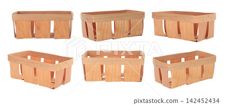 Set of empty wooden berry trays isolated on transparent background. Product photography collection of natural wooden containers for fruit, berries, food packaging and rustic design Set of empty wooden berry trays isolated on transparent background. Product photography collection of natural wooden containers for fruit, berries, food packaging and rustic design 142452434