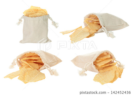 Set of Cotton fabric bag filled with potato chips isolated on transparent background. Eco friendly zero waste packaging for snack food, fast food and junk food concept. Full focus photo Set of Cotton fabric bag filled with potato chips isolated on transparent background. Eco friendly zero waste packaging for snack food, fast food and junk food concept. Full focus photo 142452436