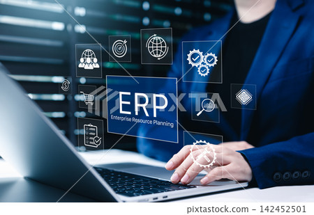 ERP Enterprise Resource Planning system concept. Businesswoman using laptop with interface ERP icons, business automation, data integration, workflow management, and software systems for corporate. ERP Enterprise Resource Planning system concept. Businesswoman using laptop with interface ERP icons, business automation, data integration, workflow management, and software systems for corporate. 142452501