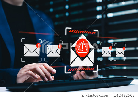 Phishing Email Warning Alert Concept. Person using detecting dangerous spam messages, representing cyber threat, e-mail security awareness, data protection, online fraud prevention, mail threats, Phishing Email Warning Alert Concept. Person using detecting dangerous spam messages, representing cyber threat, e-mail security awareness, data protection, online fraud prevention, mail threats, 142452503