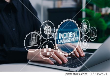 Incident Management System Technology Concept. Businesswoman using laptop with an interface of Incident Management icons symbolizing analytics, strategy, process, risk assessment, problem resolution 142452521