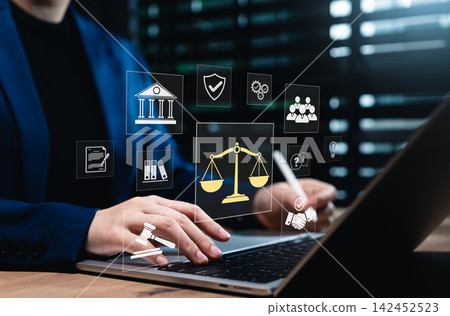 Law Concept. Legal professional or lawyer working at law firm office with icons symbolizing AI law, justice, legal services. Business legislation, notary public, legal advice online, litigation court Law Concept. Legal professional or lawyer working at law firm office with icons symbolizing AI law, justice, legal services. Business legislation, notary public, legal advice online, litigation court 142452523