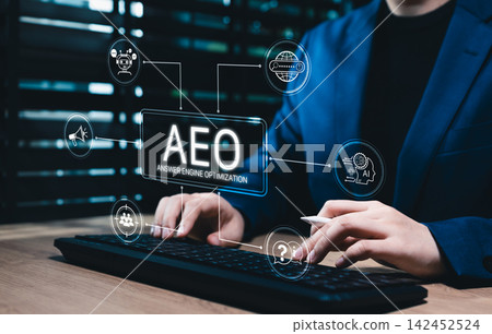 AEO Answer Engine Optimization concept. Person using computer with interface of artificial intelligence chat bot, smart AI search algorithm, web query visibility, content marketing, technology ranking AEO Answer Engine Optimization concept. Person using computer with interface of artificial intelligence chat bot, smart AI search algorithm, web query visibility, content marketing, technology ranking 142452524