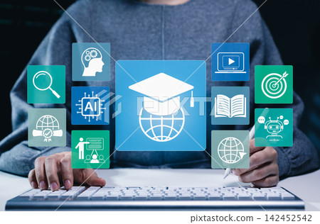 Online Education and E-Learning Technology Concept. Student using computer for online education with learning tools icons, graduation cap, AI, books, global connectivity, study platform, learn virtual Online Education and E-Learning Technology Concept. Student using computer for online education with learning tools icons, graduation cap, AI, books, global connectivity, study platform, learn virtual 142452542