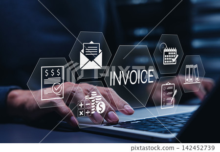 E-Invoice and Online Billing Management Concept. A person working on laptop with digital invoice icons, calendar, checklist, money, statement, document represents e-invoicing and financial workflow. E-Invoice and Online Billing Management Concept. A person working on laptop with digital invoice icons, calendar, checklist, money, statement, document represents e-invoicing and financial workflow. 142452739