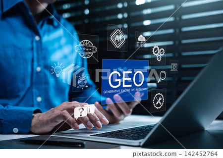 GEO Generative Engine Optimization Concept. Professional using laptop with AI icons represents advanced SEO tech, AI search, website strategy, answer content automation, data driven digital marketing, GEO Generative Engine Optimization Concept. Professional using laptop with AI icons represents advanced SEO tech, AI search, website strategy, answer content automation, data driven digital marketing, 142452764