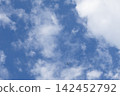 Airplane flying across the expansive blue sky with fluffy white clouds 142452792