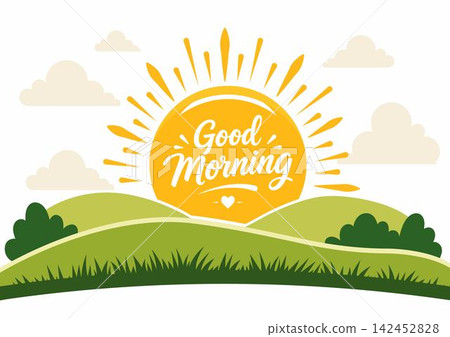 bright sunrise over green hills and clouds bright sunrise over green hills and clouds 142452828
