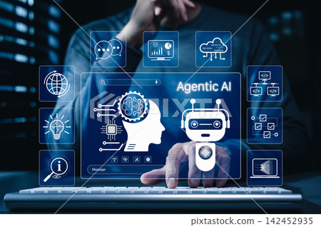 Agentic AI Technology for Intelligent Digital Automation Systems. Man using laptop with robot, brain, agentic AI icons, advanced artificial intelligence, automation, intelligent solutions, modern tech Agentic AI Technology for Intelligent Digital Automation Systems. Man using laptop with robot, brain, agentic AI icons, advanced artificial intelligence, automation, intelligent solutions, modern tech 142452935