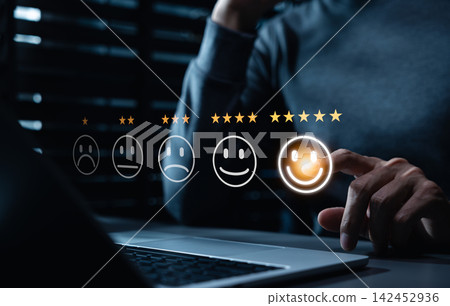 Customer satisfaction concept. user selecting five star happy rating on feedback interface, service quality, positive review, customer experience, loyalty, reputation, support, business success Customer satisfaction concept. user selecting five star happy rating on feedback interface, service quality, positive review, customer experience, loyalty, reputation, support, business success 142452936