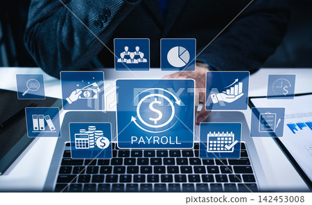 Payroll Management and Financial Processing System. Businessman works on payroll management with icons for payment, employee salaries, scheduling, analysis finance, and efficient payroll operations. 142453008