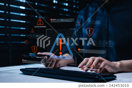 Cybersecurity system warning and data breach alert concept. Person using smartphone, cyber threat detection, network security, incident response, data protection, risk monitoring, digital defense Cybersecurity system warning and data breach alert concept. Person using smartphone, cyber threat detection, network security, incident response, data protection, risk monitoring, digital defense 142453010