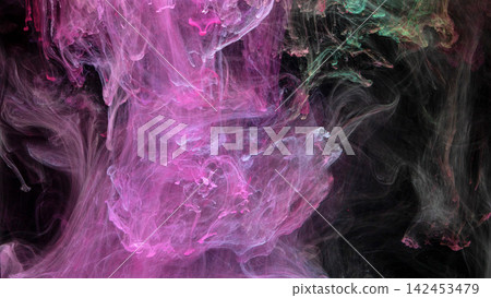 Pink and teal ink swirling through dark water, forming wispy plumes with soft gradients and flowing abstract texture Pink and teal ink swirling through dark water, forming wispy plumes with soft gradients and flowing abstract texture 142453479