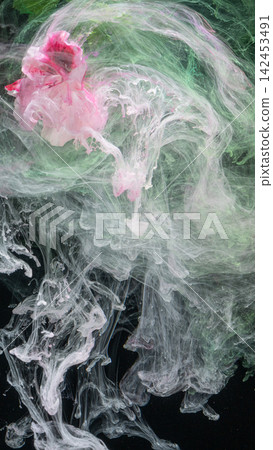 Pink and green ink swirling in dark liquid with delicate trailing plumes and wisps Pink and green ink swirling in dark liquid with delicate trailing plumes and wisps 142453491
