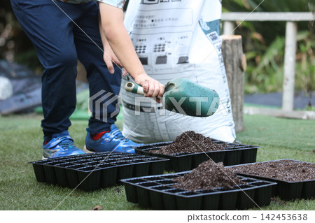 A boy putting potting soil into connected pots A boy putting potting soil into connected pots 142453638