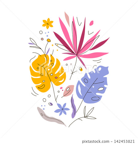 Colorful tropical leaves and flowers in a modern, abstract style. Features vibrant hues of yellow, pink, and purple, creating a lively botanical composition. Vector illustration Colorful tropical leaves and flowers in a modern, abstract style. Features vibrant hues of yellow, pink, and purple, creating a lively botanical composition. Vector illustration 142453821