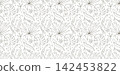 Tropical plants flat hand drawn seamless pattern. Natural cartoon texture. Organic botanical scandinavian illustrations. Doodle sketch cliparts. Black and white summer textile, background vector fill 142453822