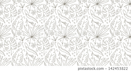 Tropical plants flat hand drawn seamless pattern. Natural cartoon texture. Organic botanical scandinavian illustrations. Doodle sketch cliparts. Black and white summer textile, background vector fill Tropical plants flat hand drawn seamless pattern. Natural cartoon texture. Organic botanical scandinavian illustrations. Doodle sketch cliparts. Black and white summer textile, background vector fill 142453822