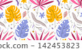 Tropical plants flat hand drawn seamless pattern. Natural cartoon texture. Organic botanical scandinavian illustrations. Doodle sketch color cliparts. Bright summer textile, background vector fill 142453823