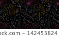 Tropical plants flat hand drawn seamless pattern. Natural cartoon texture. Organic botanical illustrations. Doodle sketch color cliparts. Summer textile, background vector fill 142453824